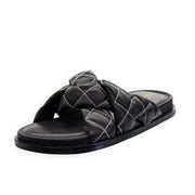 Cecelia New York Ellie Black Leather Womens Casual Slip On Open Toe Cage Sandals