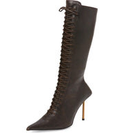 Jeffrey Campbell Captivate Brown Distressed Lace Up Stiletto Heel Knee High Boot