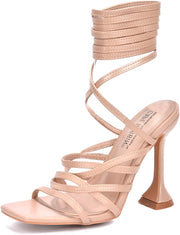 Cape Robbin Jenni Lace-Up Light Strappy Stiletto Flare Heel Open Toe Sandal Nude