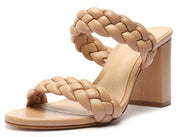 Schutz Myreh Honey Beige Leather Slip On Braided Straps Block High Heel Sandals