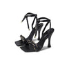 Schutz Rainah Black Nappa Leather Buckle Ankle Braided Chain Straps Heel Sandals