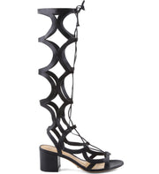 Schutz Perlie Black Leather Knee High Tie Up Low Heel Gladiator Fashion Sandals