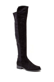 French Blu Black Suede Park Ave Flat Boot Fur Trim Fitted Strect Boot