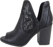 Soda CATHY Black Laser Cut Side V Cutout Open Toe Stacked Chunky Heel Bootie 8.5