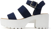 Soda Account Navy Suede Ankle Strap Round Open Toe Strappy Block Heeled Sandals