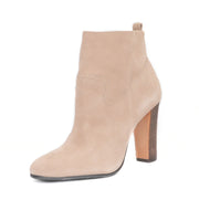 Schutz Shae Neutral Taupe Suede Cowhide Block High Heel Single Sole Ankle Bootie