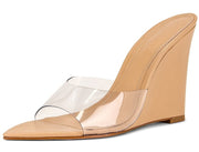 Schutz Luci Vynil Light Nude Slip On Pointed Toe Wedge High Heel Sandals