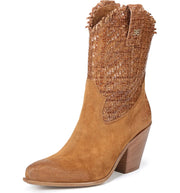 Sam Edelman Tracy Cuoio Stacked Heel Pointed Toe Pull On Mid-Calf Western Boots