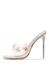 LuxeModa Secret Holo Diamond Butterfly Detail Square Peep Toe Heel Clear Mule