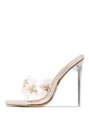 LuxeModa Secret Holo Diamond Butterfly Detail Square Peep Toe Heel Clear Mule