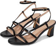 Cole Haan Amber Black Leather Ankle Strap Rounded Open Toe Block Heeled Sandals