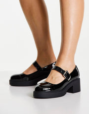 Asos Sebi Black Patent Fashion Buckle Mary Jane Rounded Toe Chunky Heel Loafers