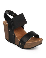 Refresh Mara-10 Black Wedge Platform Sandal Elastic Cork Casual Summer Shoes