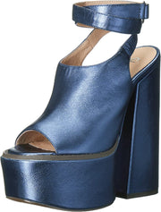 Shellys London Cecania Ankle Strap Stacked Heel Peep Toe Blue Wedged Platforms