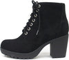 Soda Second Lug Sole Chunky Block Heel Black Suede Lace up Combat Ankle Booties