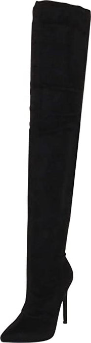 Liliana Gisele-7 Black Thigh High Stretchy Suede Fitted Pointy Stiletto Boots