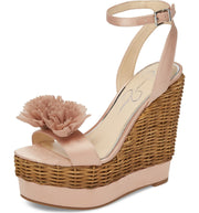 Jessica Simspon Pressa Nude Blush Satin Woven Platform Wedge Flower Sandals