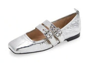 Dolce Vita Ashlyn Silver Distressed Leather Mary Jane Squared Toe Wide Flats