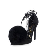 Privileged Bel Air Black Suede Pointed Toe Fur Pom Pom Tie Up Sexy Dress Pumps