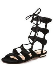 Schutz Erlina Black Nubuck Suede Gladiator Lace Up Flat Gladiator Tie Up Sandals