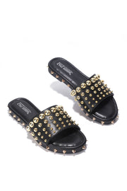 Cape Robbin ZACARA Slides Mules Slip On Sandals Black Gold Spike