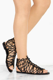 Liliana Denise-1 Black Tie Up Gladiator Caged Flat Haute Sandals