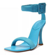 Schutz Gigih Blue Buckled Ankle Strap Open Toe Sculptural High Heel Sandals