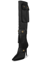 Jeffrey Campbell Pocketed Black Satin Stiletto Heel Embellished Pointed Toe Boot