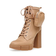 Steve Madden Herrick Block Heel Platform Ankle-Strapped Pouch Combat Boots Tan