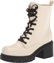 Nine West Juna3 Ivory Lace Up Chunky Block Heel Rounded Toe Combat Ankle Boots