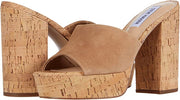 Steve Madden Gemella Camel Suede Slip On Rounded Toe Embroideded Platform Sandal