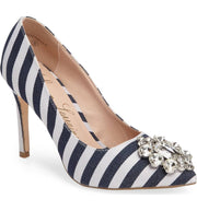 Lauren Lorraine Rochelle Navy Rhinestone Broche Pointed Toe Dress Stripe Pumps