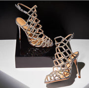 Schutz Reva Silver Rhinestone Single Sole Stiletto Heel Caged Sandal Juliana