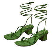 Sam Edelman Fae Thyme Green Leather Square Open Toe Strappy Tie Up Heeled Sandal