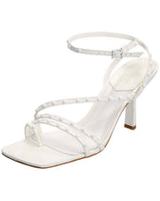 Schutz Anne White Open Toe Ultra-Slim Studded Buckle Straps Kitten Heel Sandals