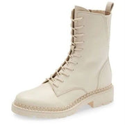 Sam Edelman Lex Ivory Leather Chunky Heel Rounded Toe Lace Up Ankle Combat Boots