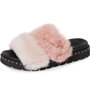 LFL Lust For Life Treat Pink Fluffy Fur Slip On Pool Fashion Slide Mule Sandals