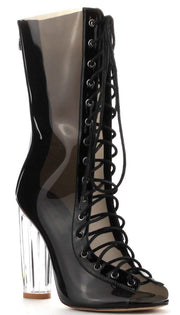 Cape Robbin Bailey-1 Open Toe Clear Heel Lace Up Ankle Boot Black
