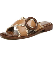 Sam Edelman Harlie Light Cuoio Slip On Squared Toe Leather Strap Slides Sandals