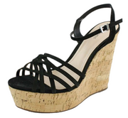 Schutz Louna Wedge Sandal Black Leather Strappy Cork Platform Caged Sandals