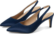 Cole Haan Vandam Sling Navy Satin Pointed Toe Kitten Heeled Dress Pumps