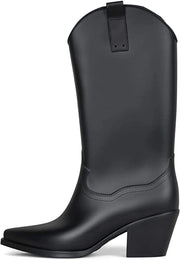 Jeffrey Campbell THUNDRSTRM Black Matte Pull On Block Heel Pointy Toe Rain Boots