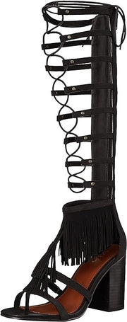 MIA Ricarda Black Round Open Toe Block Heel Fringe Detailed Gladiator Sandals