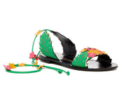 Ivy Kirzhner Gardenia Grass Green Colorful Flower Flat Tie up Studded Sandal