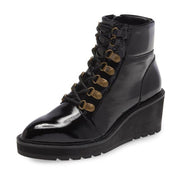 Cecelia New York Geraldine Black Patent Leather Wedge Lace Up Buckle Ankle Boots