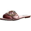 Cape Robbin Sadie-3 Pink Satin Rhinestone Brooch Open Toe Slide Flat Sandal