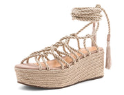 Schutz Neutral Nude Super Strappy Tie Up Platform Flatform Natural Sandals