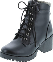 Soda Single Black Pu Lug Sole Chunky Heel Lace Up Platform Combat Wide Boots