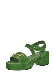 Jeffrey Campbell Timeless Green Suede Gold Ankle Strap Open Toe Heeled Sandals