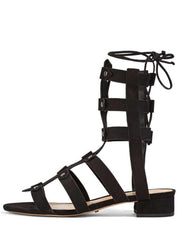 Schutz Rae Black Nubuck Embellished Fitted Ankle Flat Tie Back Gladiator Sandals